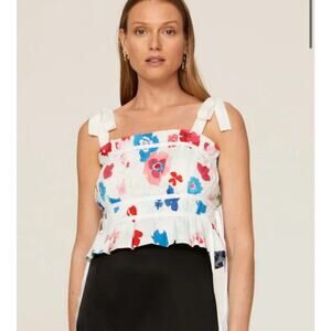 Peter Som Top Womens Size 2 Poppy Floral Smocked Tie Crop Top White Red Ties